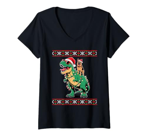 Damen Weihnachten German Shepherd T-Rex Dinosaurier GSD T-Shirt mit V-Ausschnitt Damen Weihnachten German Shepherd T-Rex Dinosaurier GSD T-Shirt mit V-Ausschnitt von German Shepherd Dog Lover Gifts