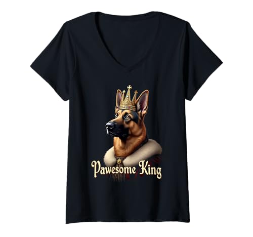 Damen Lustige Pawesome Deutscher Schäferhund König Hund Kunst T-Shirt mit V-Ausschnitt von German Shepherd Fun Designs