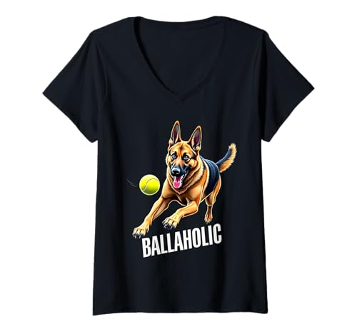 Damen Lustiger Ballaholischer Schäferhund Jagdball T-Shirt mit V-Ausschnitt von German Shepherd Fun Designs