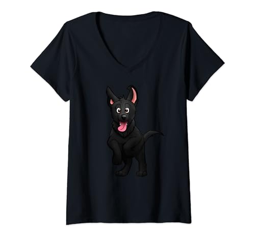 Damen Niedlicher schwarzer Schäferhund, Welpe, Cartoon T-Shirt mit V-Ausschnitt Damen Niedlicher schwarzer Schäferhund, Welpe, Cartoon T-Shirt mit V-Ausschnitt von German Shepherd dot love