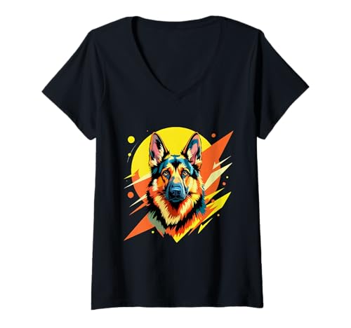 Damen Schäferhund Kunst – Japanische Malerei Stil T-Shirt mit V-Ausschnitt Damen Schäferhund Kunst – Japanische Malerei Stil T-Shirt mit V-Ausschnitt von German Shepherds Art