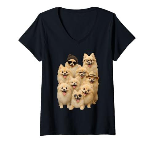 Damen Verrückter Deutscher Spitz T-Shirt mit V-Ausschnitt von German Spitz Dog