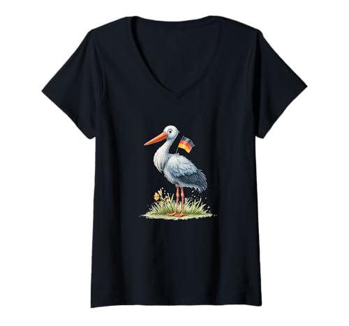Damen Schöner Storch Deutsche Tiergrafik T-Shirt mit V-Ausschnitt von German Stork Outfit