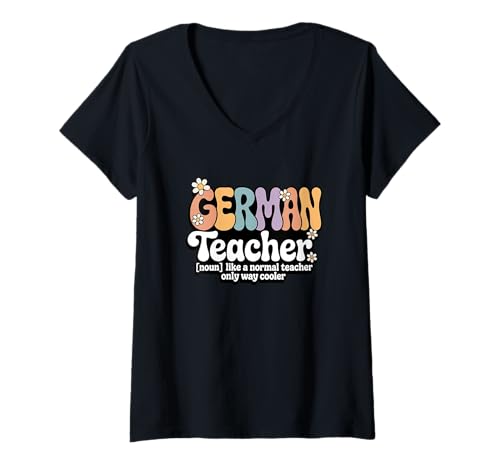 Damen Retro Groovy Deutschlehrer Sprachkunst Zurück zur Schule T-Shirt mit V-Ausschnitt Damen Retro Groovy Deutschlehrer Sprachkunst Zurück zur Schule T-Shirt mit V-Ausschnitt von German Teacher Apparel for Women & Men