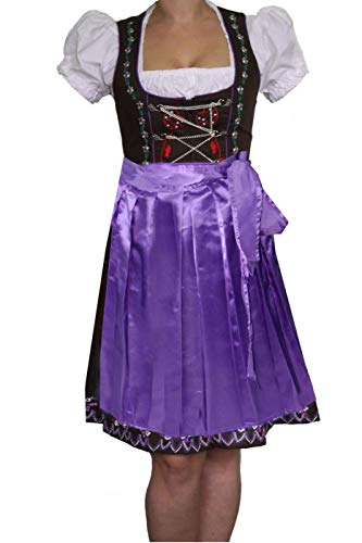 3-teiler Midi-Dirndl-Set Dirndel Dirndlbluse Dirndlschürze Lila, Größe:40 von German Wear