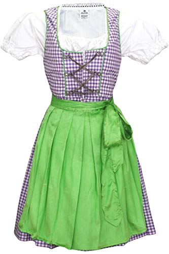 3-teiliges Midi-Dirndl-Set Dirndel Dirndlbluse Dirndlschürze, Größe:42, Farbe:Lila von German Wear