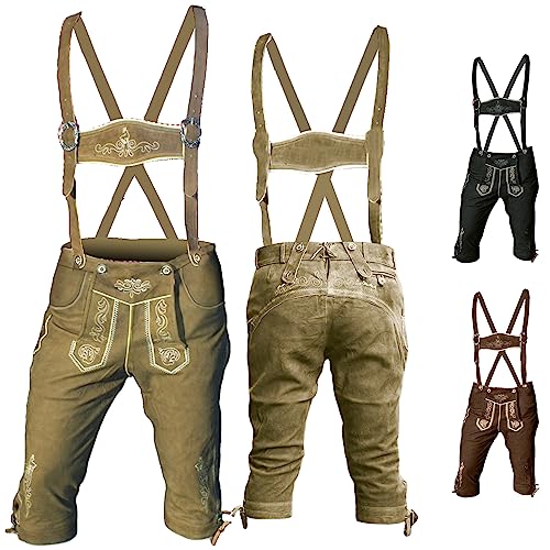 German Wear, Kniebundhose Trachten Lederhose Wildbockleder Ziegenleder mit Hosenträgern, Größe:52, Farbe:Hellbraun von German Wear