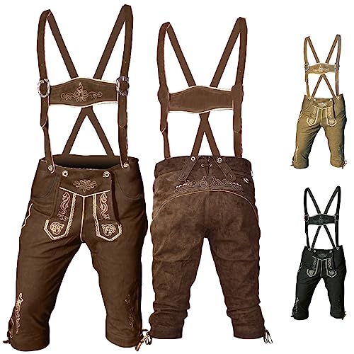 German Wear, Kniebundhose Trachten Lederhose Wildbockleder Ziegenleder mit Hosenträgern, Größe:60, Farbe:Dunkelbraun von German Wear