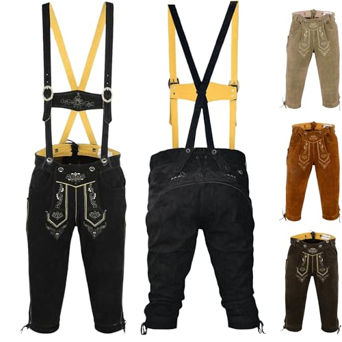 German Wear, Trachten Lederhose Kniebundhose Trachtenhose Hose mit Hosenträger, Größe:56, Farbe:Schwarz von German Wear