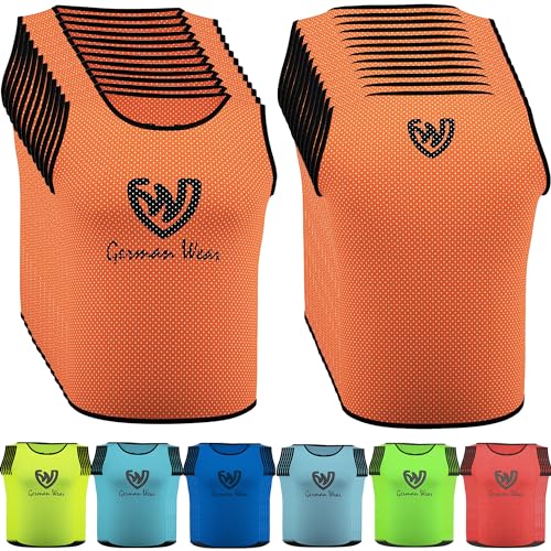 German Wear 12x Fußball Leibchen Trainingsleibchen Markierungshemd Fußballleibchen für Kinder Jugend und Erwachsene, Farbe:Orange, Bibs:Junior (M) von German Wear