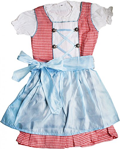 German Wear 3-TLG Kinder Dirndl Mädchendirndl Dirndlbluse Dirndlschürze Kleid Rot/Blau Kariert Schürze, Größe:122 von German Wear