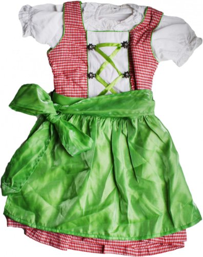 German Wear 3-TLG Kinder Dirndl Mädchendirndl Dirndlbluse Dirndlschürze Kleid Rot/Grün Kariert, Größe:134 von German Wear