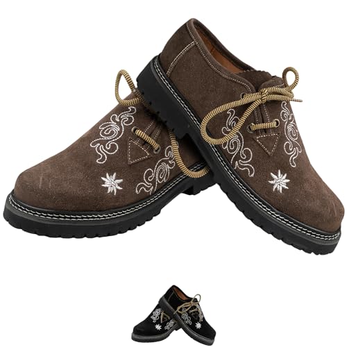 German Wear Damen Trachten Haferlschuhe aus Wildleder – Traditionelle Trachtenschuhe mit Edelweiß-Stickerei & weichem Ziegenleder-Futter – Bequem & hochwertig für Dirndl & Volksfest Dunkelbraun - 39 von German Wear