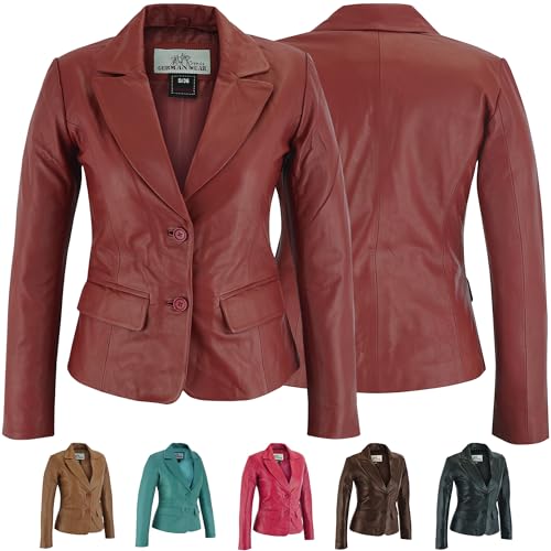 German Wear Damen Lederblazer Lederjacke Blazer Echtleder Jacke aus Lammnappa Leder 40/L, Weinrot von German Wear