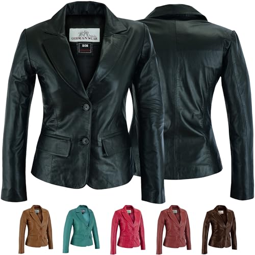 German Wear Damen Lederblazer Lederjacke Blazer Echtleder Jacke aus Lammnappa Leder 48/4XL, Schwarz von German Wear