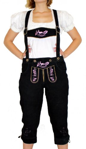 German Wear Damen Lederhose Trachten Lederhose aus Ziegenvelour Kniebundhose mit Hosenträgern, Schwarz/Rosa, XL/42 von German Wear