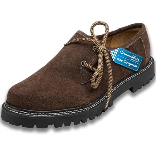 German Wear Haferlschuhe Trachtenschuhe Original Handmachart Trachten Lederschuhe aus Wildleder Echtleder Schuhe Dunkelbraun - 46 EU mit 2X Schnürsenkel von German Wear