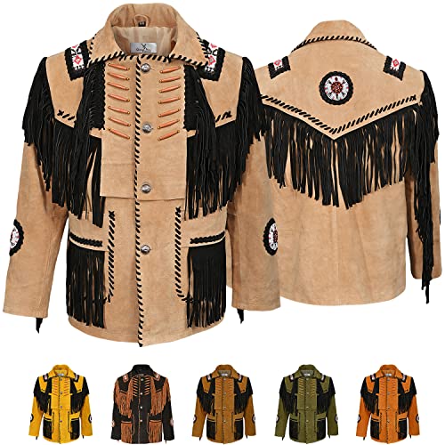 German Wear Herren Indianer Westernjacke Reiter Jacke Western-Lederjacke Tracht jacke, 48/S, Beige von German Wear