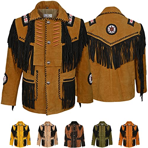 German Wear Herren Indianer Westernjacke Reiter Jacke Western-Lederjacke Tracht jacke, 48/S, Braun von German Wear