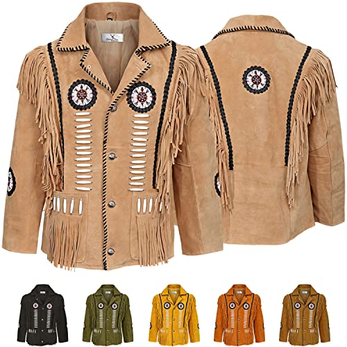 German Wear Herren Indianer Westernjacke Reiter Jacke Western-Lederjacke Tracht jacke, 54, Beige von German Wear