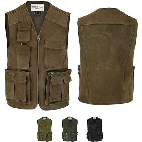 German Wear Herren Jagd Lederweste Jagdweste aus Nubuckleder - Freizeit 9-Taschen Angelweste - Outdoor Camping Multi-Taschen Angler Weste - Multifunktionsweste Tarnweste Dunkelbraun - 48 von German Wear