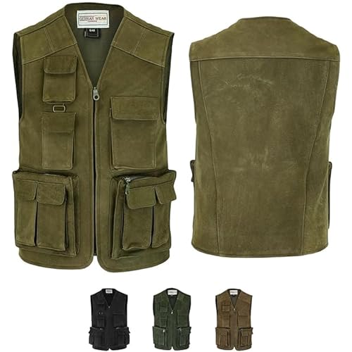 German Wear Herren Jagd Lederweste Jagdweste aus Nubuckleder - Freizeit 9-Taschen Angelweste - Outdoor Camping Multi-Taschen Angler Weste - Multifunktionsweste Tarnweste Jagdgrün - 50 von German Wear