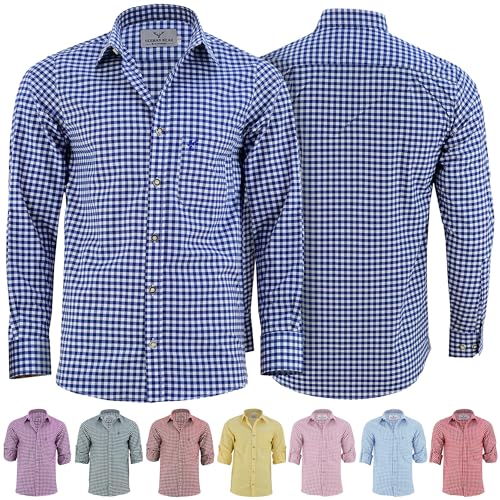 German Wear Trachtenhemden für Herren mit Langen Ärmeln, klassisches Karomuster, hochwertige bayerische Mode mit Hirsch-Stickerei und kardieten Ärmeln Dunkelblau- XL von German Wear