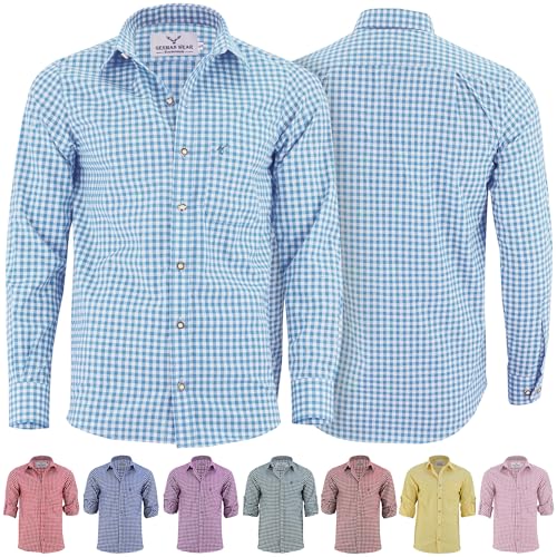 German Wear Trachtenhemden für Herren mit Langen Ärmeln, klassisches Karomuster, hochwertige bayerische Mode mit Hirsch-Stickerei und kardieten Ärmeln Himmelblau- Large von German Wear