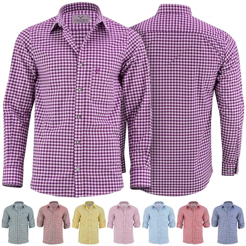 German Wear Trachtenhemden für Herren mit Langen Ärmeln, klassisches Karomuster, hochwertige bayerische Mode mit Hirsch-Stickerei und kardieten Ärmeln Lila- Medium von German Wear