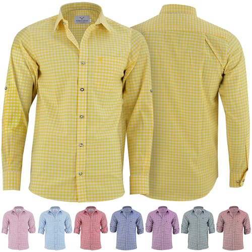 German Wear Trachtenhemden für Herren mit Langen Ärmeln, klassisches Karomuster, hochwertige bayerische Mode mit Hirsch-Stickerei und kardieten Ärmeln Gelb- XL von German Wear