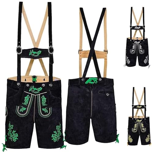 German Wear Kurze Trachten Lederhose mit Hosenträger Trachtenhose Schwarz mit Stickerei, 50/M, Grün von German Wear