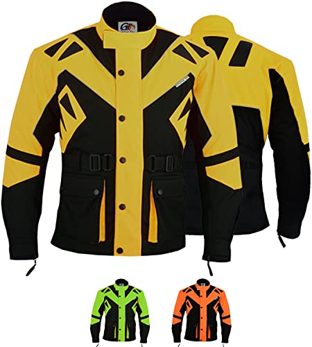 German Wear Motorradjacke Herren mit CE1-Protektoren - 5 Taschen, aus 4 Schichten, Winddicht, Reflektierend, lange Jacke - Abnehmbar & Washbar Thermofutter - Neonfarben Extra Sichtbarkeit - Gelb - 5XL von German Wear