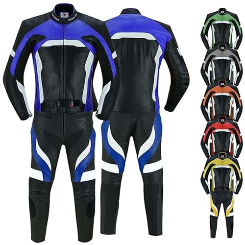 German Wear Motorradkombi Herren 2-teiler Biker Lederkombi aus Kalbsleder - mit alle Protektoren, abmehmbar & waschbar Thermofutter, Verstellbarer Taillengürtel und Reißverschluss-Taschen Blau - 54 von German Wear