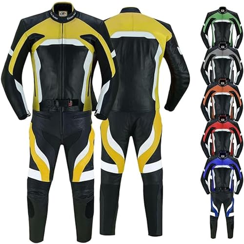 German Wear Motorradkombi Herren 2-teiler Biker Lederkombi aus Kalbsleder - mit alle Protektoren, abmehmbar & waschbar Thermofutter, Verstellbarer Taillengürtel und Reißverschluss-Taschen Gelb - 52 von German Wear