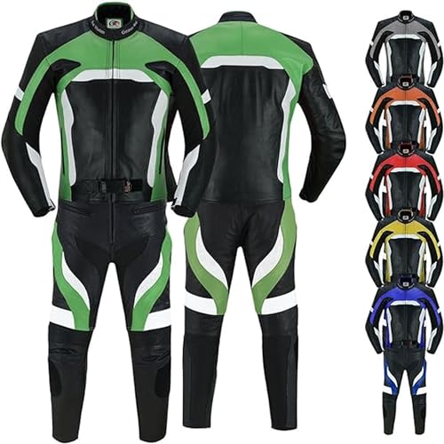 German Wear Motorradkombi Herren 2-teiler Biker Lederkombi aus Kalbsleder - mit alle Protektoren, abmehmbar & waschbar Thermofutter, Verstellbarer Taillengürtel und Reißverschluss-Taschen Grün - 60 von German Wear