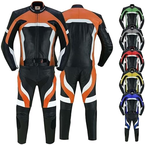 German Wear Motorradkombi Herren 2-teiler Biker Lederkombi aus Kalbsleder - mit alle Protektoren, abmehmbar & waschbar Thermofutter, Verstellbarer Taillengürtel und Reißverschluss-Taschen Orange - 60 von German Wear