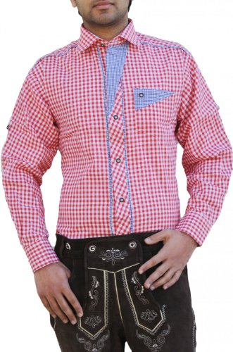 German Wear Trachtenhemd für Trachten Lederhosen Freizeit Hemd rot-blau-kariert, Hemdgröße:M von German Wear