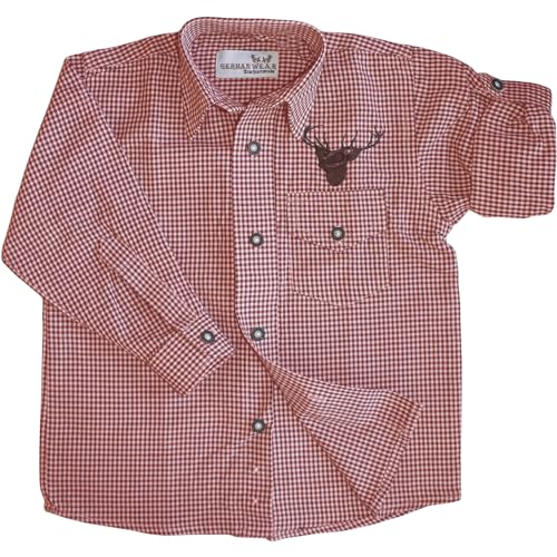 Herren Karo Trachtenhemd Rot Blau Karriert mit Hirsch Stickerei, 2XL, Rot von German Wear