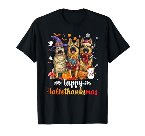 Herren Damen Deutscher Schäferhund Weihnachten Halloween T-Shirt von German shepherd Happy Hallothankmas Holiday Dog