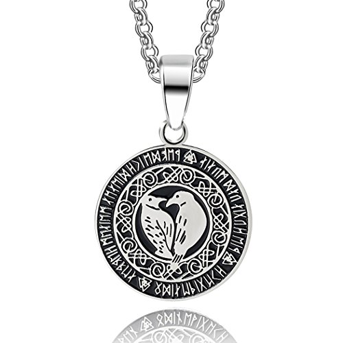 Hugin und Munin im Runenkreis Anhänger mit Kette in Silber | Edelstahl Kettenanhänger Lebensbaum Wikinger-Schmuck von Germanenschmuck