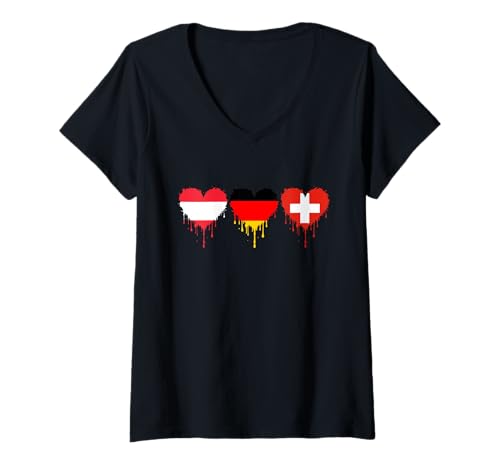 Damen Deutsche Österreichische Schweizer Herzflagge Wurzeln Deutsches Erbe T-Shirt mit V-Ausschnitt Damen Deutsche Österreichische Schweizer Herzflagge Wurzeln Deutsches Erbe T-Shirt mit V-Ausschnitt von Germany Austria Switzerland Heart Flag Roots Pride