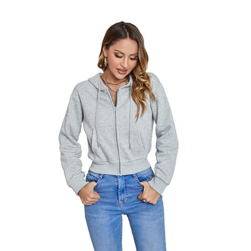 Germinate Kurz Kapuzenpullover Langarm Jacke Damen Reißverschluss Weiß Schwarz Sweatjacke Kapuzenjacke Kaputzenpulli Cropped Hoodie Frauen (S, Grau) von Germinate