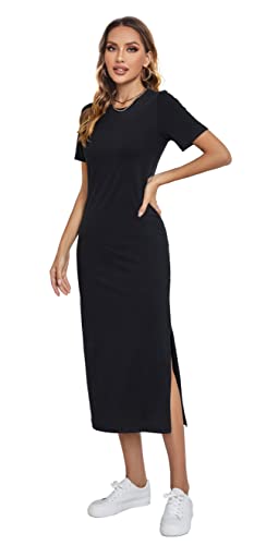 Germinate Maxi T Shirt Kleid Frauen Sommer Lose und Bequem Casual Strand Baumwolle Schlitz Schwarz Dressy Lange Kleider Plus Size (as3, Alpha, x_l, Plus, Regular, Schwarz) von Germinate