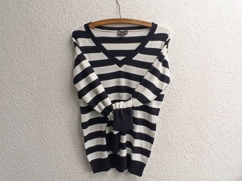 Blau-Weiß Gestreifter Pullover Mit V-Ausschnitt/Blockstreifen Vintage Pulli Streifen Gr. 40 M 2000Er Y2K von Gernewieder