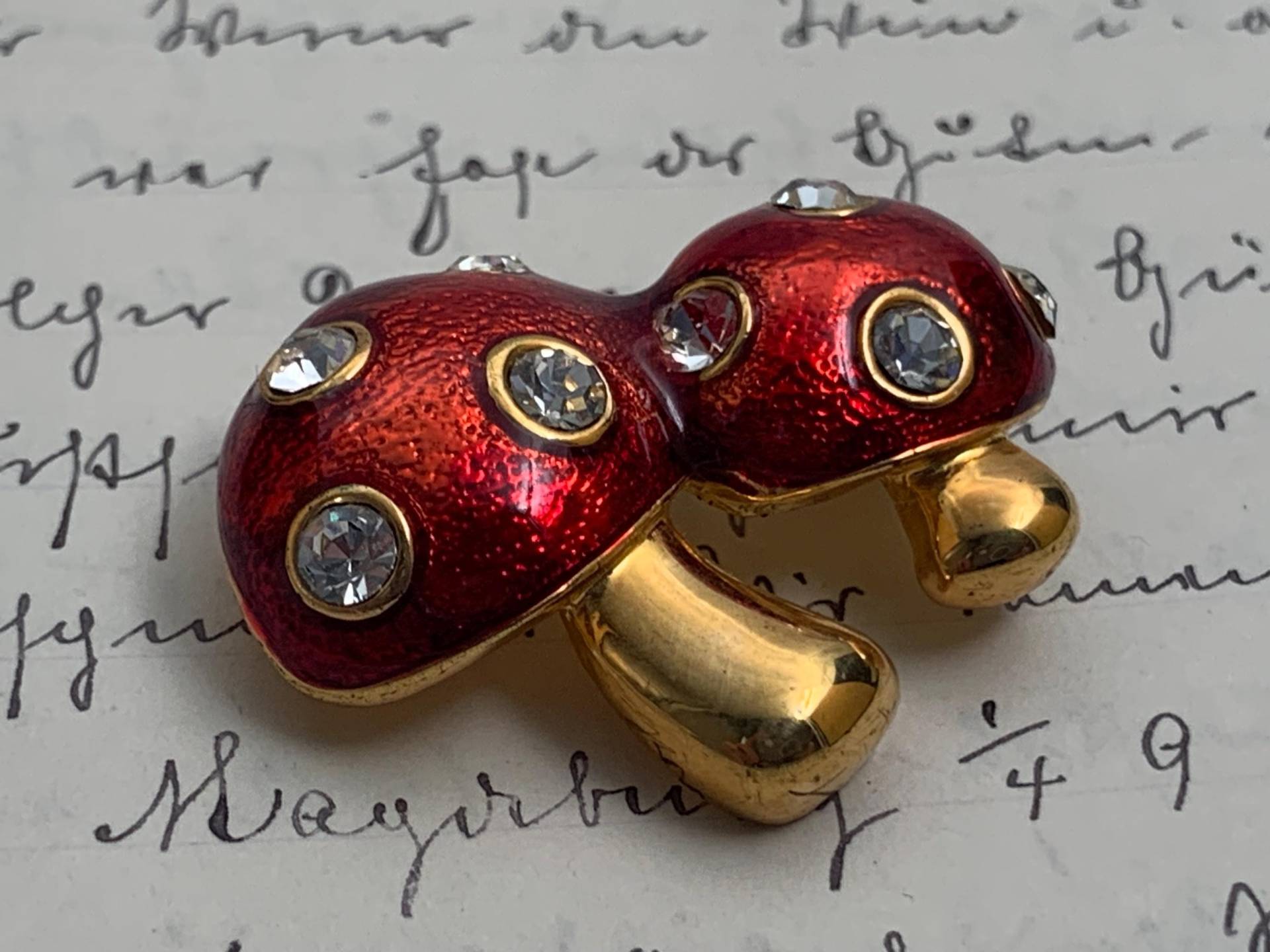 Vintage Brosche Fliegenpilze/Modeschmuck Pilz Mit Strasssteinen Pin, Anstecknadel Der 1980Er Jahre Anstecker von Gernewieder