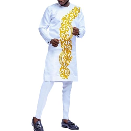 Afrikanische Anzüge für Männer Langarm-Trainingsanzug Dashiki-Shirt und Hose Slim-Fit Formelle Outfits Traditionelles 2-teiliges Set Mode Kleidungsanzug (Color : White, Size : L) von Gerrit