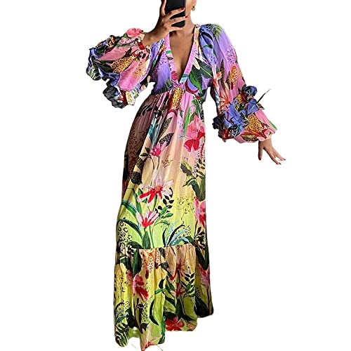 Gerrit 2024 Frauen Sommer Print Gradient Rüsche V-Ausschnitt Schlankes Kleid Damen Einfacher Stil Casual Scollop Bohemian Beach Kleid Langes Kleid (Color : Color, Einheitsgröße : 3XL) von Gerrit