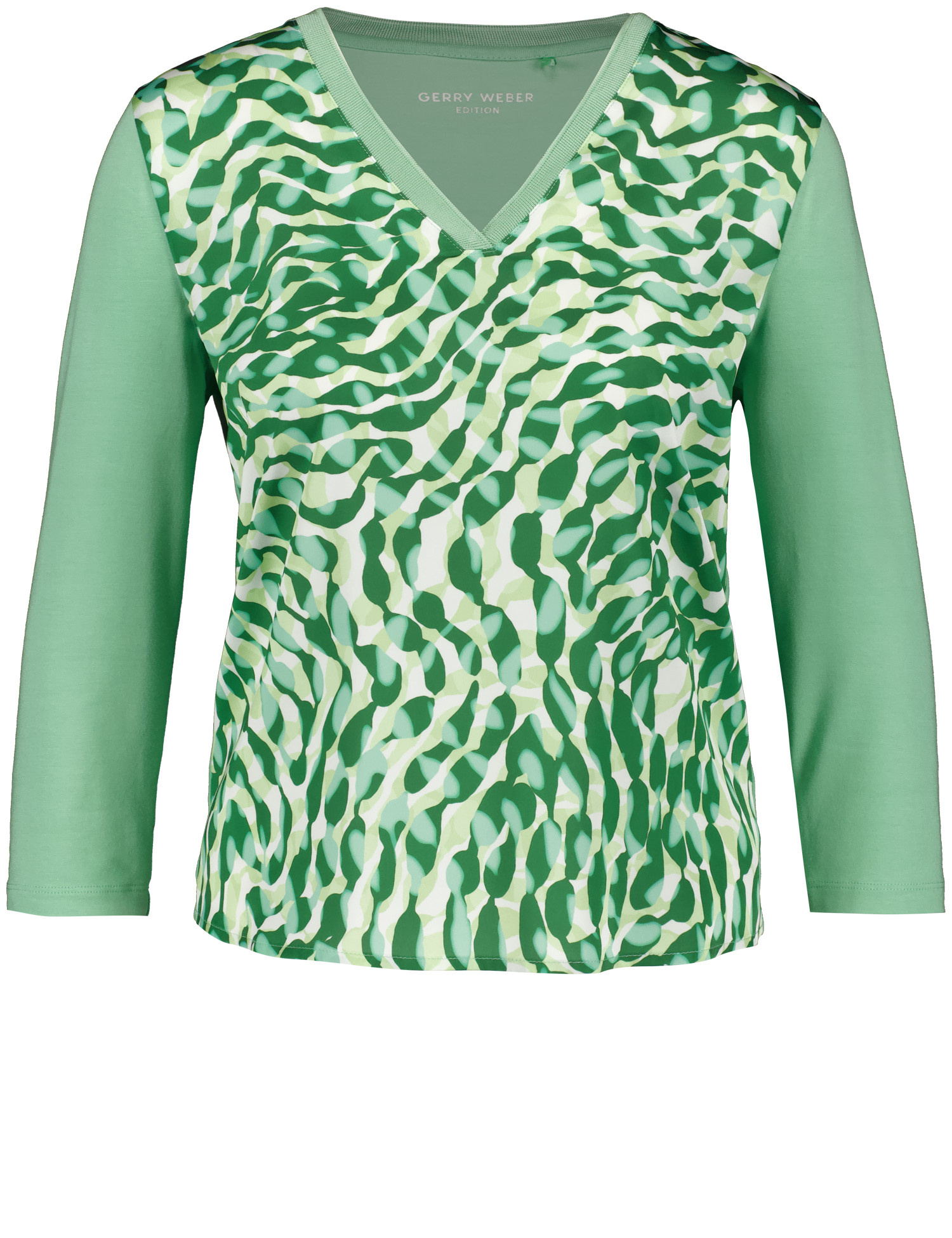 GERRY WEBER Damen 3/4 Arm Shirt mit Material-Patch 60cm V-Ausschnitt Viskose Grün gemustert, 38 von Gerry Weber