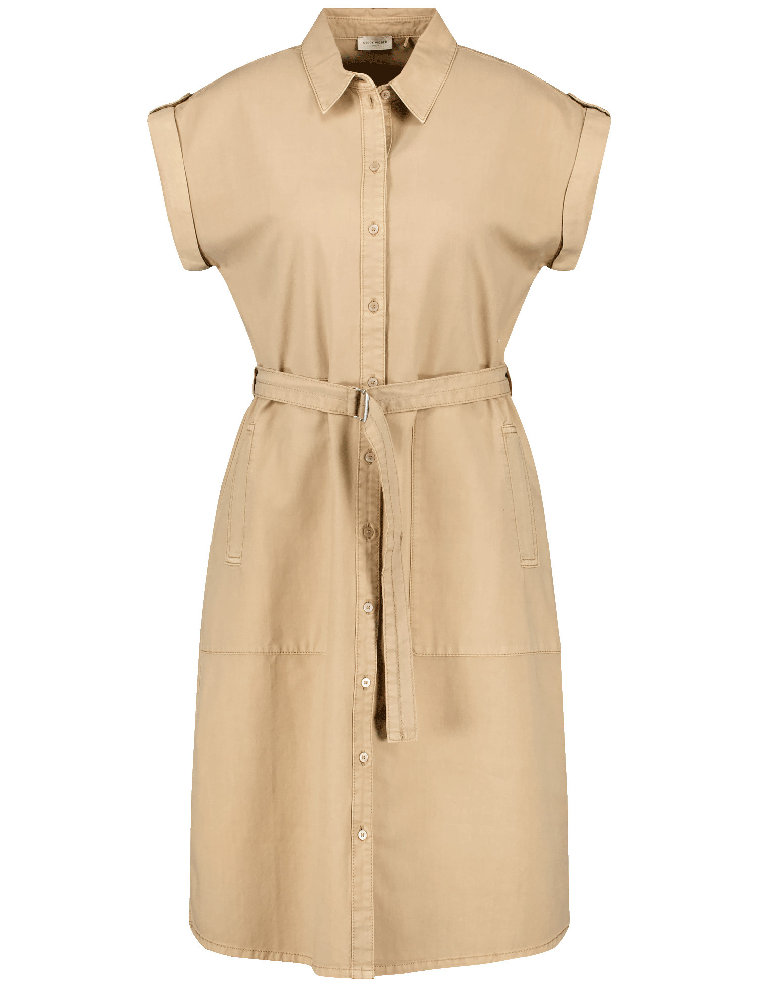 GERRY WEBER Damen Blusenkleid mit Taillengürtel Kurzarm Hemdkragen Baumwolle Beige, 38 von Gerry Weber