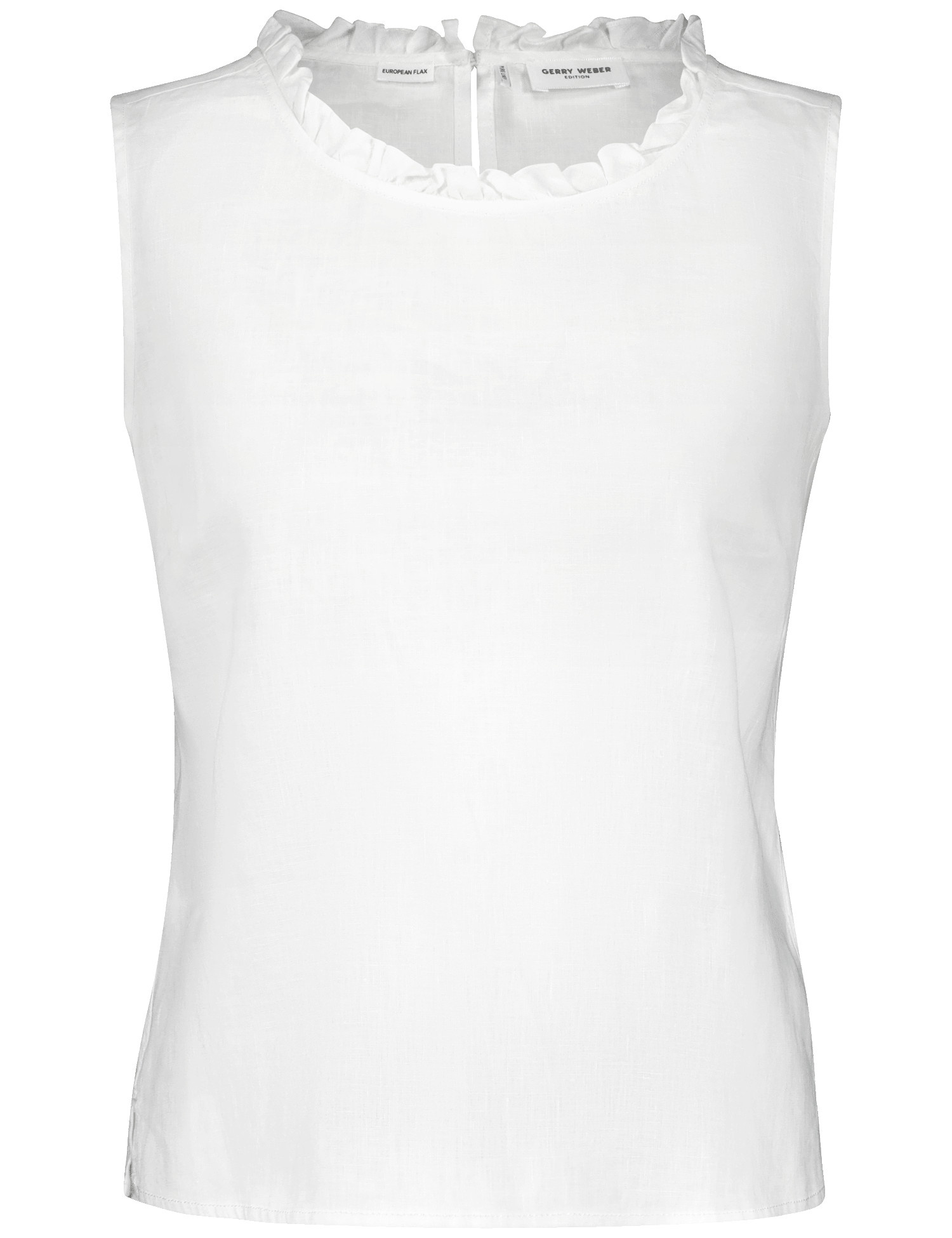 GERRY WEBER Damen Blusentop mit Rüschenkragen 58cm Ärmellos Kleiner Schlitz im Rücken Leinen Weiss, 38 von Gerry Weber